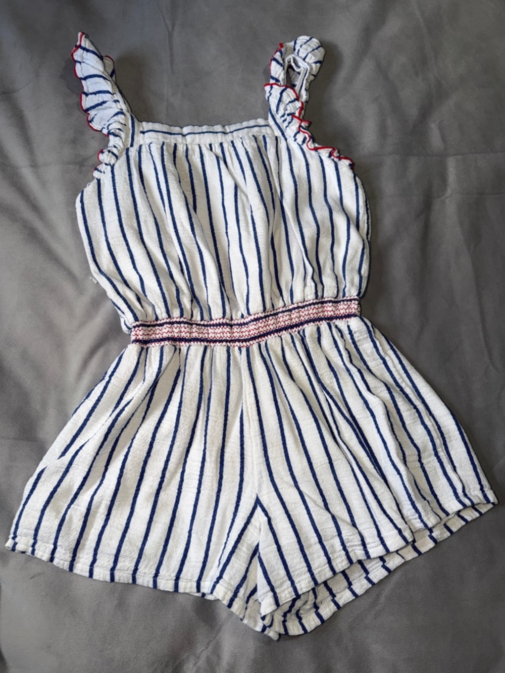 Cat & Jack Blue & white striped Ruffled cotton Romper Girls size XL 14/16
